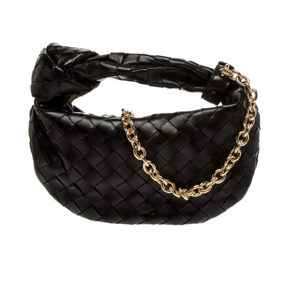 Bottega Veneta Black Woven Jodie Bag with Gold Chain
